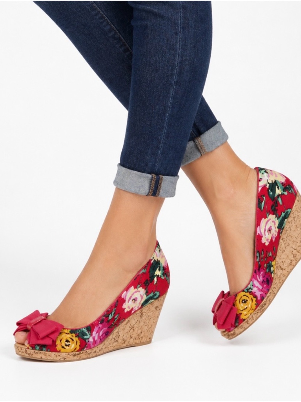 Liliana Floral Heels Size 7 Cork Platform Bow Peep Toe Statement Shoes NIB